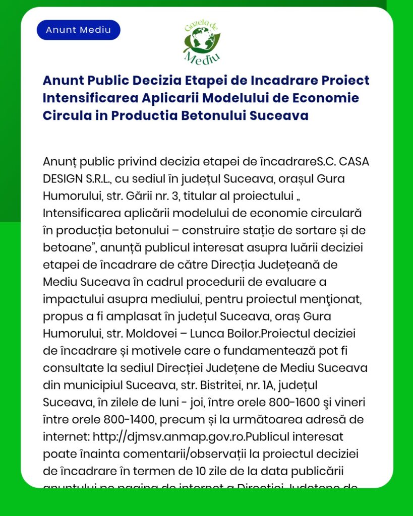 Anunt Public Decizia Etapei de Incadrare Proiect Intensificarea Aplica