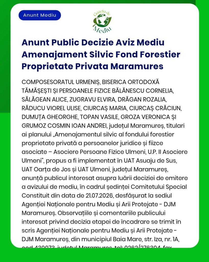 Anunt Public Decizie Aviz Mediu Amenajament Silvic Fond Forestier Prop