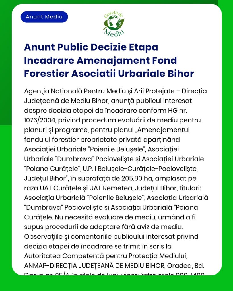 Anunt Public Decizie Etapa Incadrare Amenajament Fond Forestier Asocia