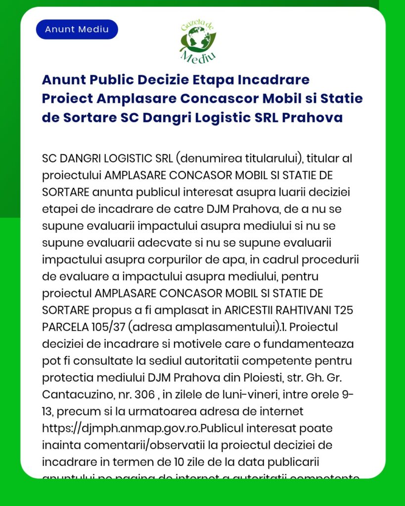 Anunt Public Decizie Etapa Incadrare Proiect Amplasare Concascor Mobil