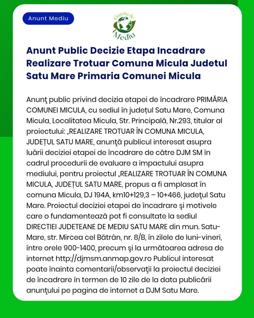 Anunt Public Decizie Etapa Incadrare Realizare Trotuar Comuna Micula J
