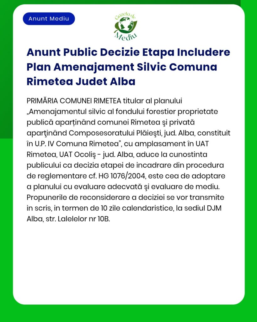 Anunt Public Decizie Etapa Includere Plan Amenajament Silvic Comuna Ri