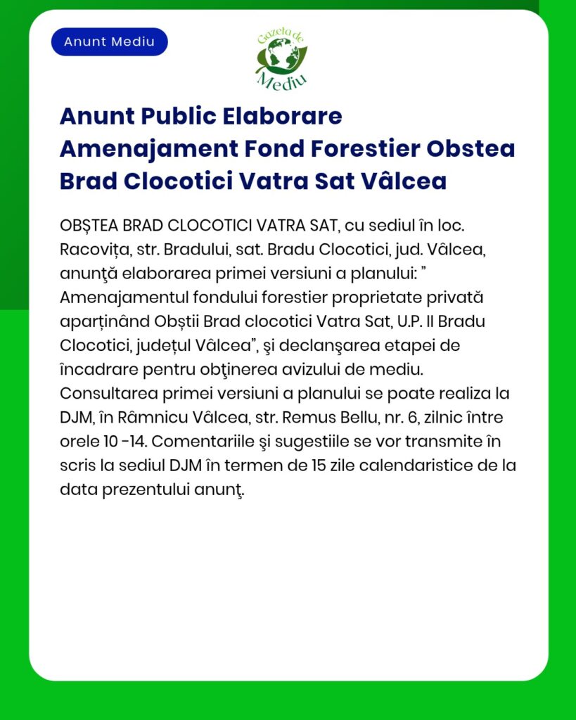 Anunt Public Elaborare Amenajament Fond Forestier Obstea Brad Clocotic