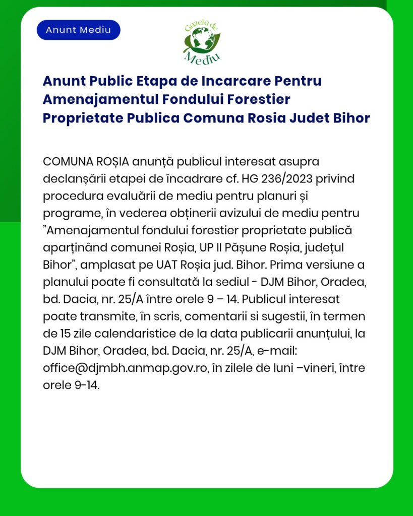 Anunt Public Etapa de Incarcare Pentru Amenajamentul Fondului Forestie
