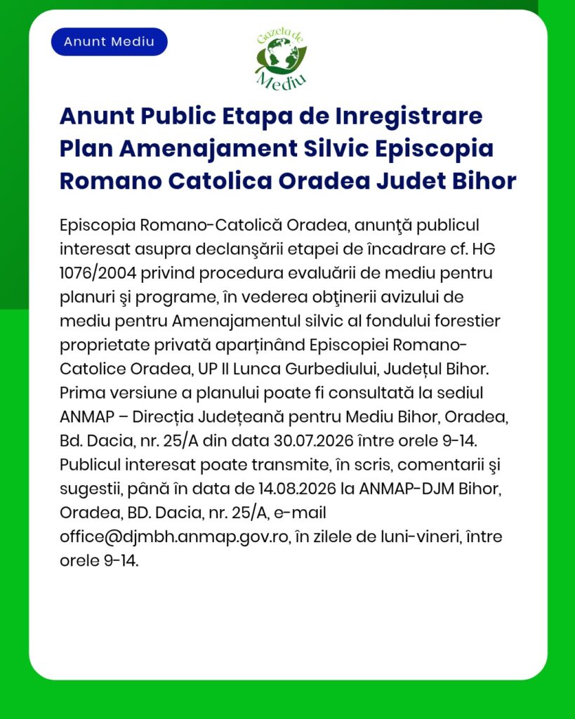 Anunt Public Etapa de Inregistrare Plan Amenajament Silvic Episcopia R