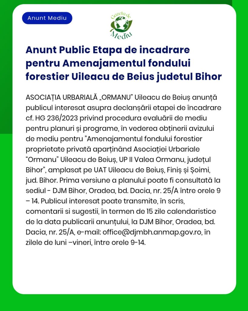 Anunt Public Etapa de incadrare pentru Amenajamentul fondului forestie