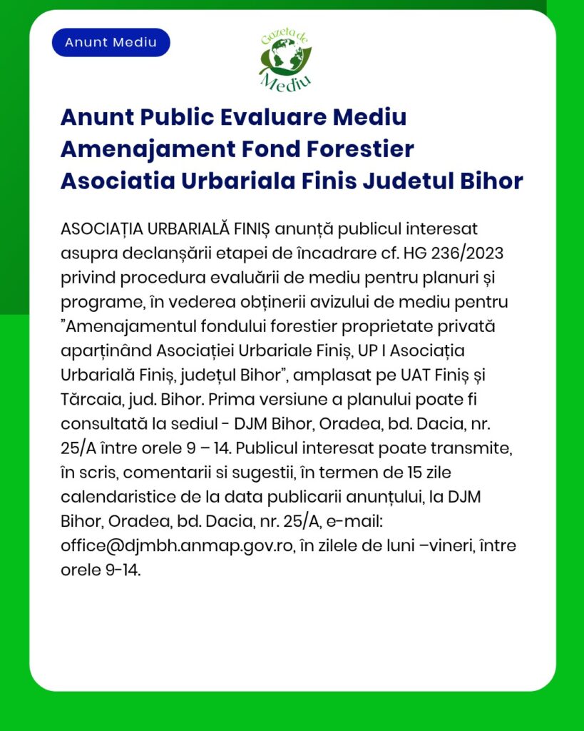 Anunt Public Evaluare Mediu Amenajament Fond Forestier Asociatia Urbar