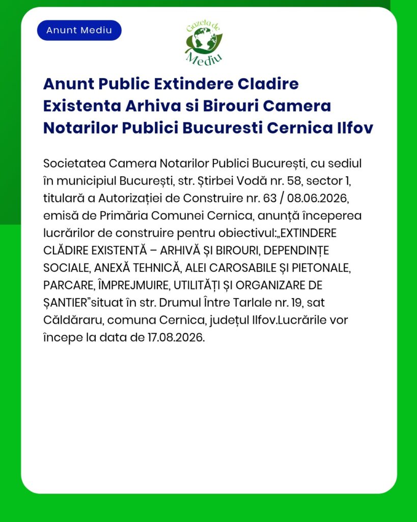 Anunt Public Extindere Cladire Existenta Arhiva si Birouri Camera Nota