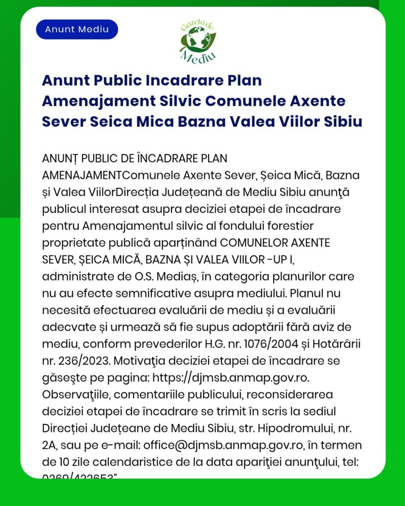 Anunt Public Incadrare Plan Amenajament Silvic Comunele Axente Sever S