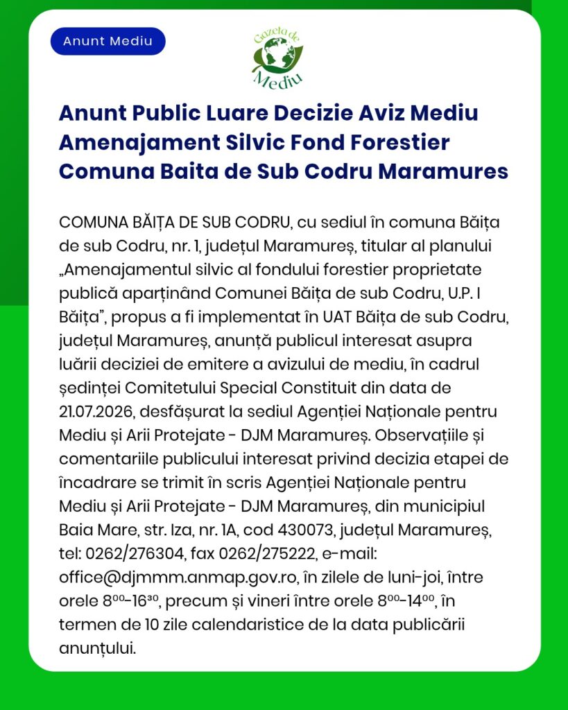 Anunt Public Luare Decizie Aviz Mediu Amenajament Silvic Fond Forestie