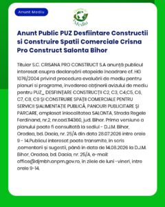 Anunt Public PUZ Desfiintare Constructii si Construire Spatii Comercia