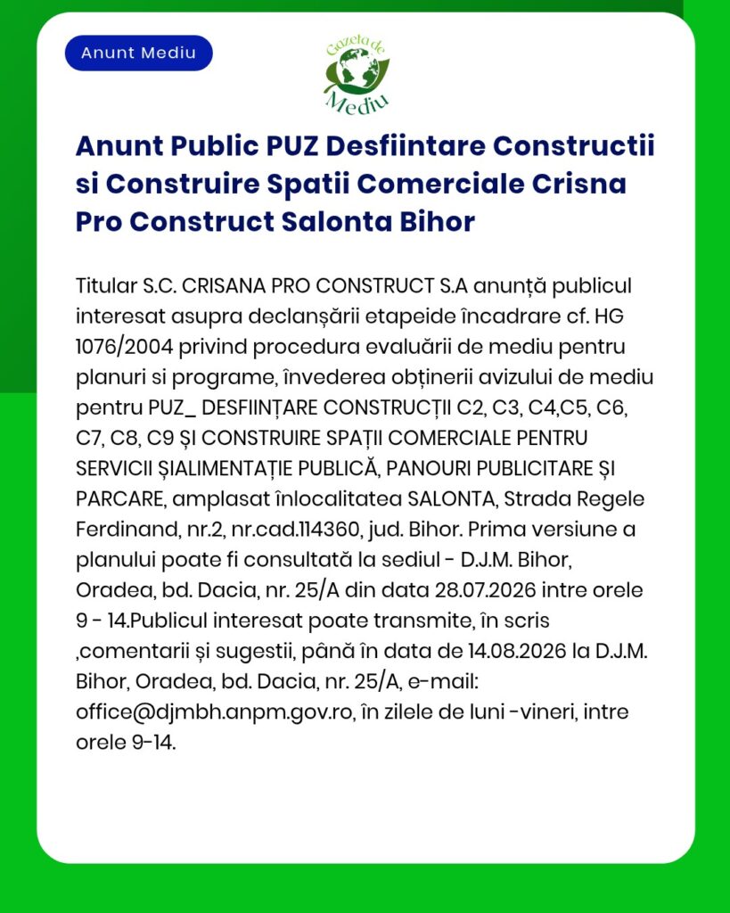 Anunt Public PUZ Desfiintare Constructii si Construire Spatii Comercia