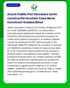 Anunt Public PUZ Parcelare teren constructie locuinte Casa Bene Constr