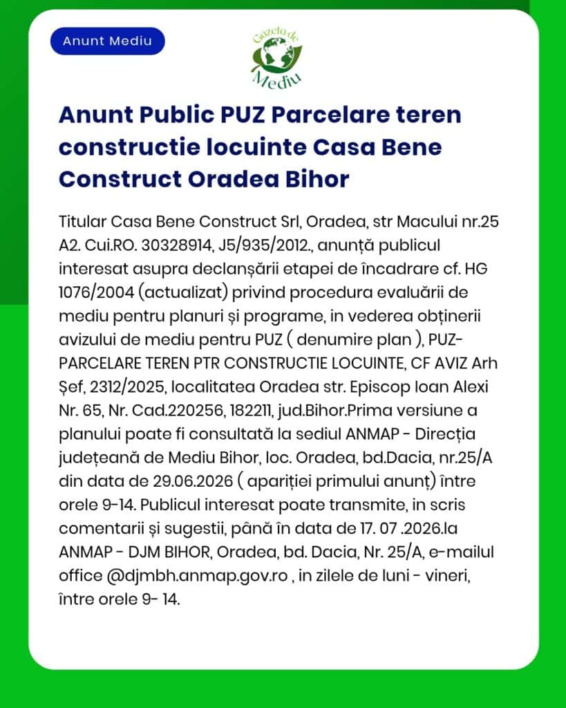 Anunt Public PUZ Parcelare teren constructie locuinte Casa Bene Constr