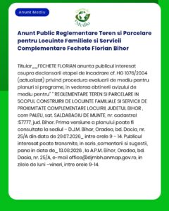 Anunt Public Reglementare Teren si Parcelare pentru Locuinte Familiale