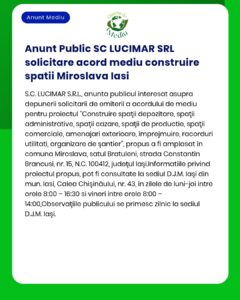 Anunt Public SC LUCIMAR SRL solicitare acord mediu construire spatii M