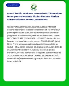 Anunt Public evaluare de mediu PUZ Parcelare teren pentru locuinte Tit