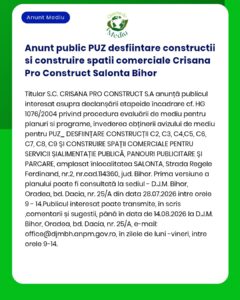 Anunt public PUZ desfiintare constructii si construire spatii comercia