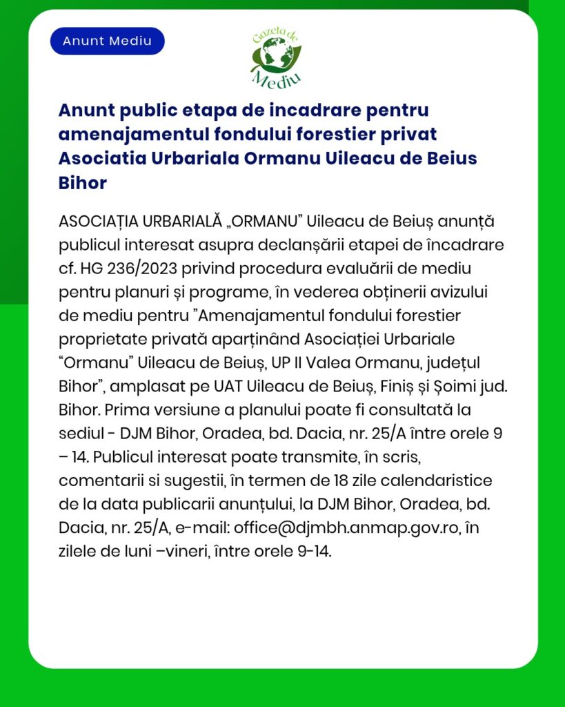 Anunt public etapa de incadrare pentru amenajamentul fondului forestie