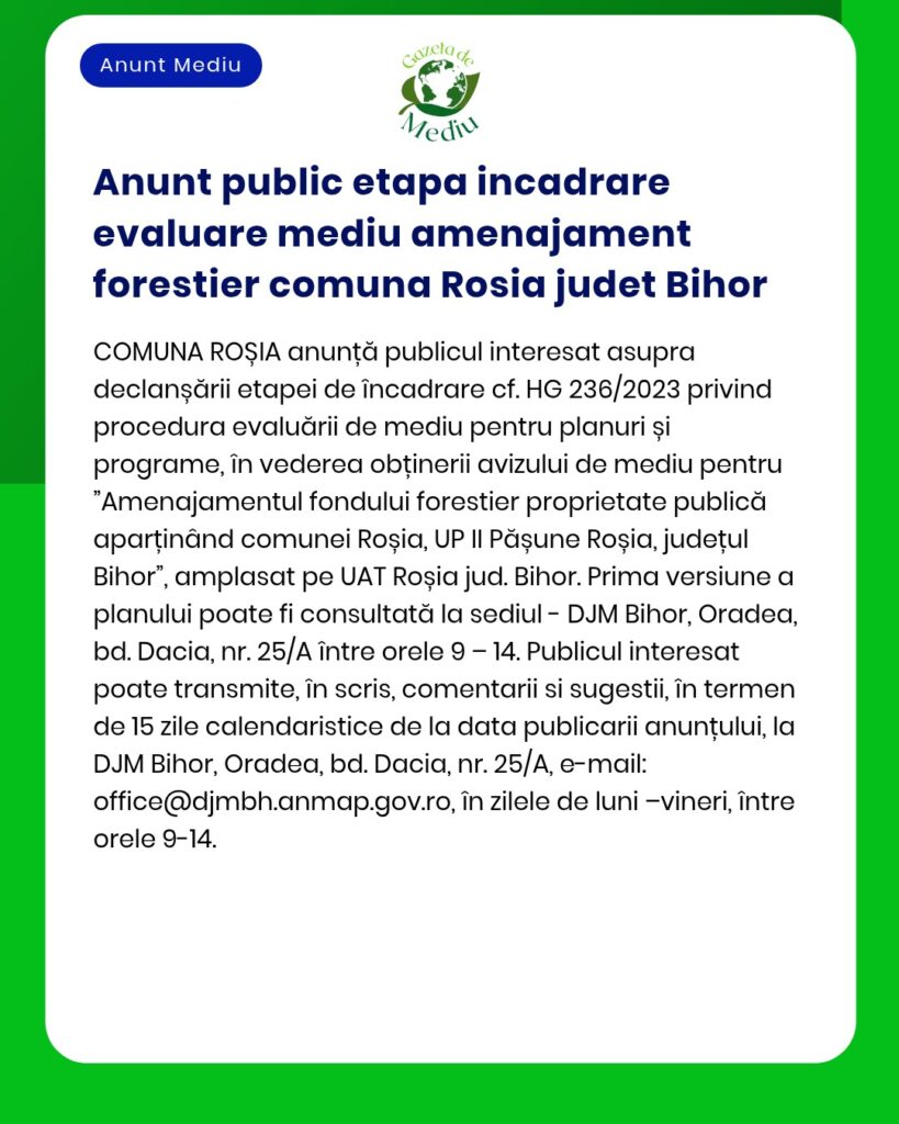 Anunt public etapa incadrare evaluare mediu amenajament forestier comu