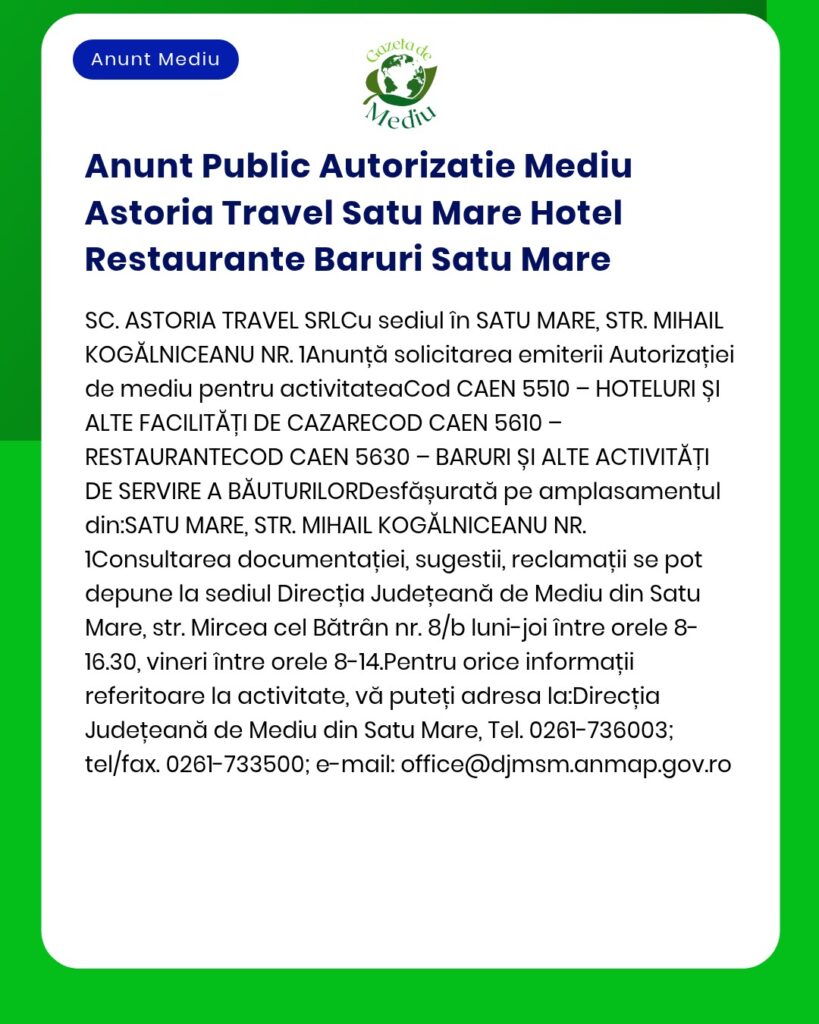 Anunt Public Autorizatie Mediu Astoria Travel Satu Mare Hotel Restaura