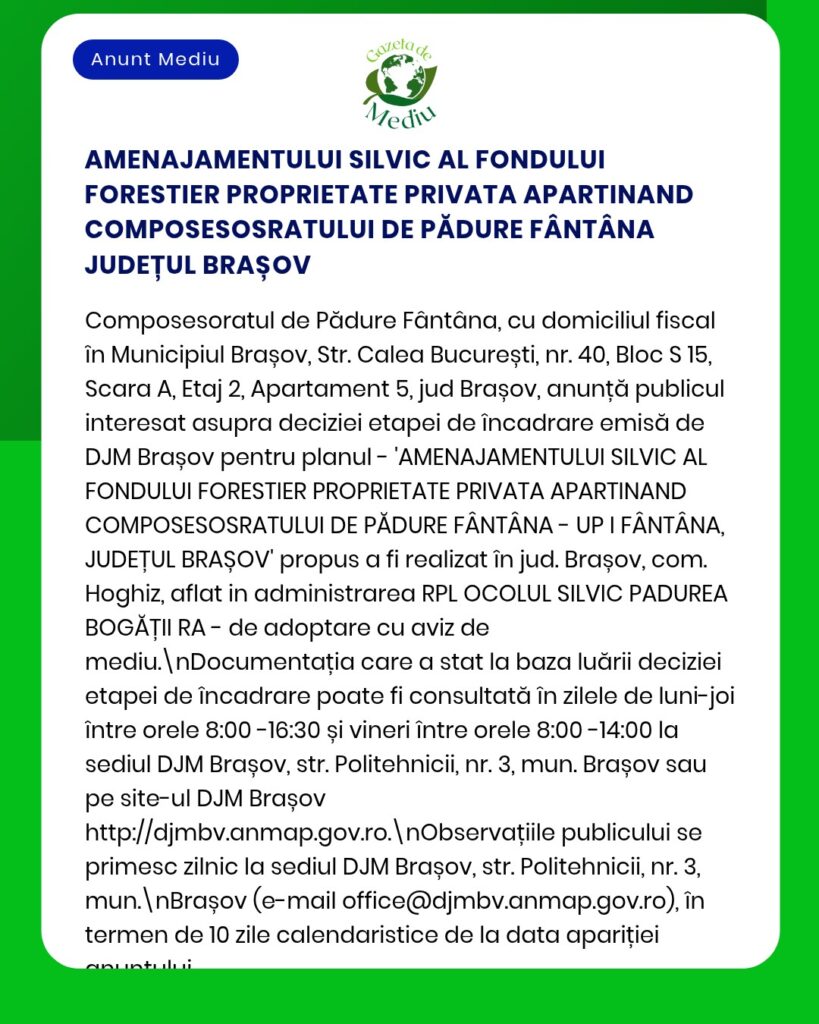 Anunț privind încadrarea juridică a unei proprietăți forestiere private din Fântâna, județul Brașov, emis de DJM Brașov.