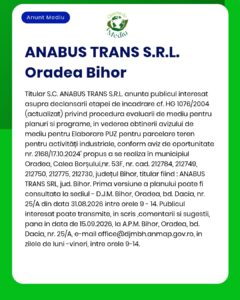 Anunț privind proiectul Planului de urbanism general (PUZ) propus de ANABUS TRANS S.R.L. în Oradea, județul Bihor.