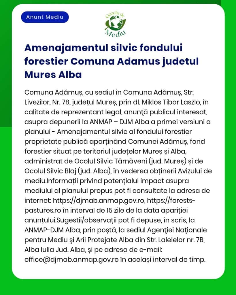 Amenajamentul silvic fondului forestier Comuna Adamus judetul Mures Al