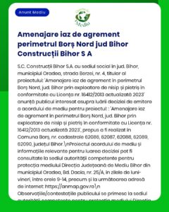 Anunț privind procesul de aprobare pentru amenajarea unui lac de agrement din nisip și pietriș în apropierea localității Borș Nord, județul Bihor, cu detalii despre proiect și referințe la reglementări, transmis de S.C. Construcții Bihor S.A.