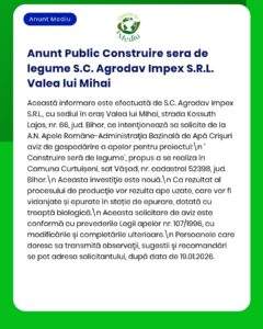 Anunț privind intenția societății Agrodav Impex S.R.L. de a construi o seră pentru legume în Valea lui Mihai, județul Bihor, România, precum și solicitarea avizului de mediu corespunzător adresată Agenției pentru Protecția Mediului (APM).