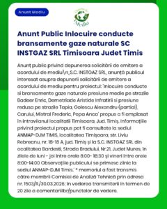 Anunț privind înlocuirea conductelor de gaze naturale de către SC INSTGAZ SRL în Timișoara, cu detalii despre străzile afectate și solicitarea avizului de mediu la APM.