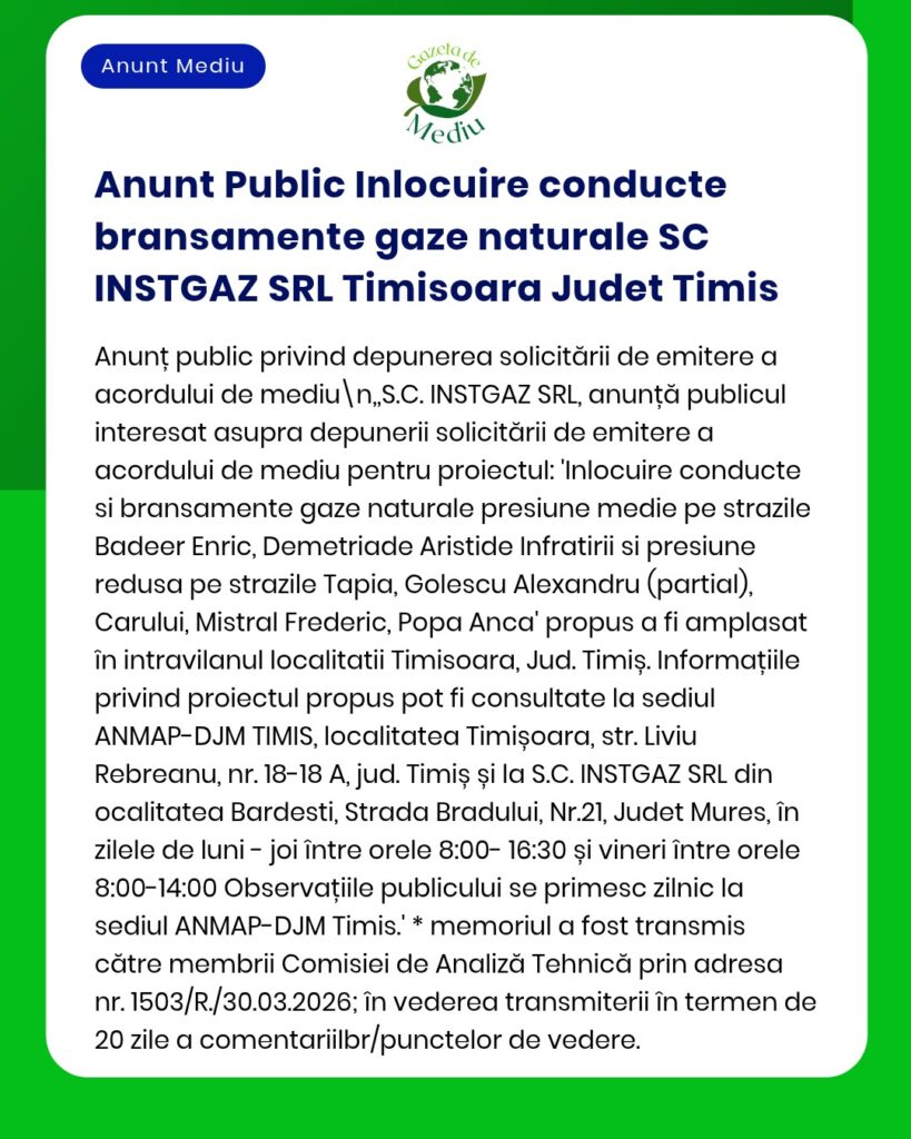 Anunț privind înlocuirea conductelor de gaze naturale de către SC INSTGAZ SRL în Timișoara, cu detalii despre străzile afectate și solicitarea avizului de mediu la APM.