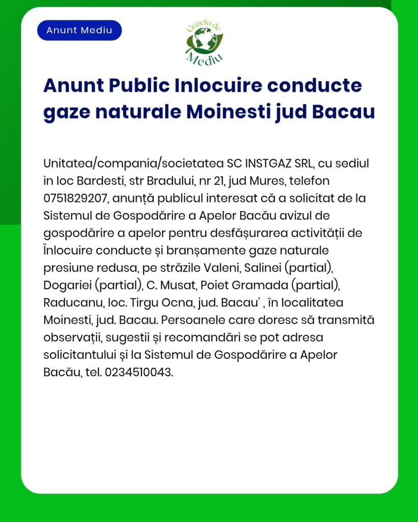 Anunț privind înlocuirea conductelor de gaze naturale în Moinești și Bacău, cu lista străzilor afectate.