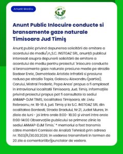 Anunț privind solicitarea unui aviz pentru înlocuirea conductei de gaze naturale pe mai multe străzi din Timișoara, județul Timiș, de către INSITGAZ SRL.