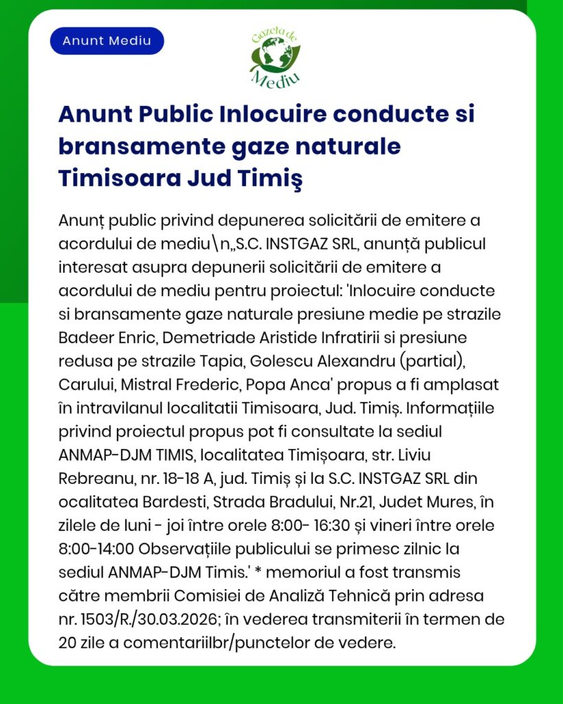 Anunț privind solicitarea unui aviz pentru înlocuirea conductei de gaze naturale pe mai multe străzi din Timișoara, județul Timiș, de către INSITGAZ SRL.