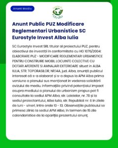 Modificare a documentației de urbanism pentru Eurostyle Invest Alba Iulia, cu detalii despre proiect și amplasament.