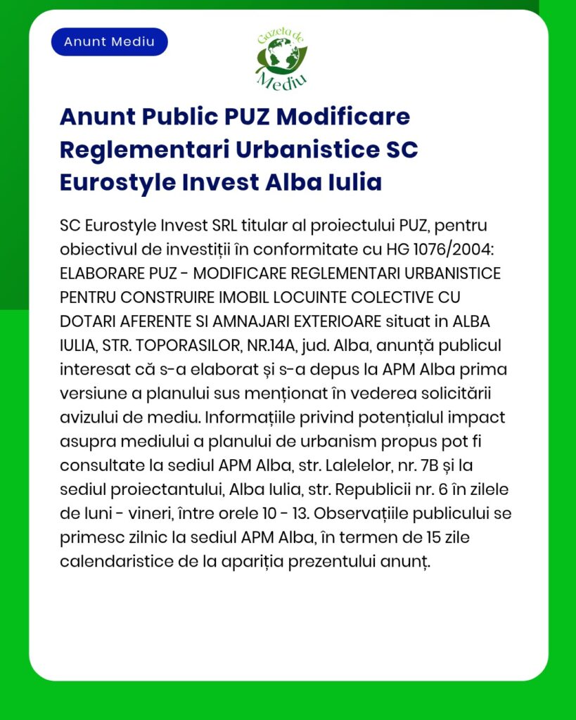 Modificare a documentației de urbanism pentru Eurostyle Invest Alba Iulia, cu detalii despre proiect și amplasament.