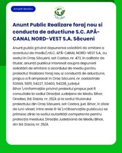 Anunț privind un proiect de foraj și conductă de alimentare cu apă realizat de S.C. APĂ-CANAL NORD-VEST S.A. Săcueni, cu detalii despre proiect.