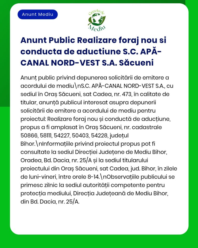 Anunț privind un proiect de foraj și conductă de alimentare cu apă realizat de S.C. APĂ-CANAL NORD-VEST S.A. Săcueni, cu detalii despre proiect.