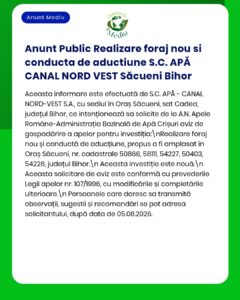 Anunț oficial privind un proiect de foraj pentru apă în Săcueni, județul Bihor, cu detalii referitoare la procedura de depunere a cererii.