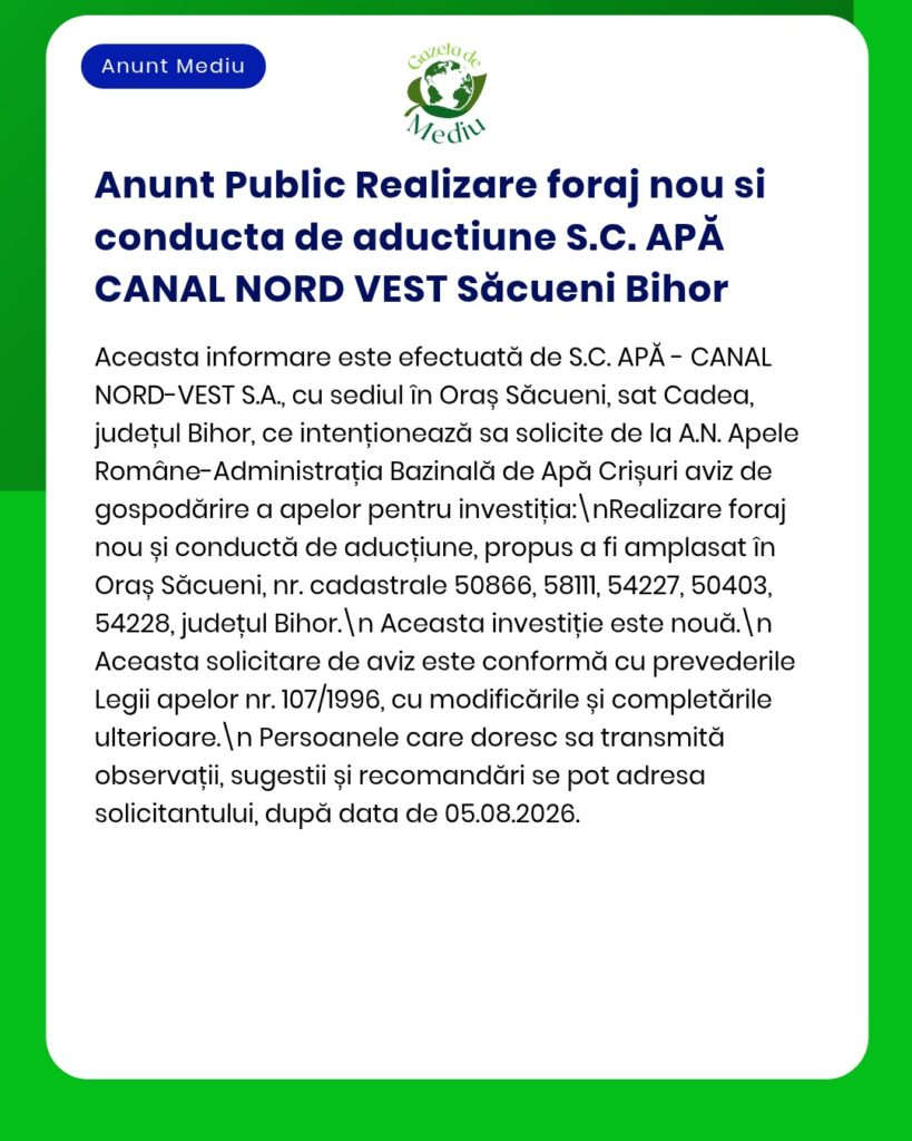 Anunț oficial privind un proiect de foraj pentru apă în Săcueni, județul Bihor, cu detalii referitoare la procedura de depunere a cererii.
