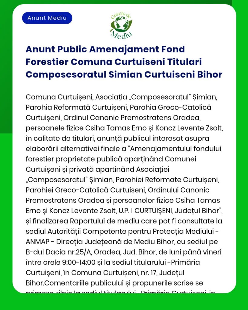 Anunt Public Amenajament Fond Forestier Comuna Curtuiseni Titulari Com