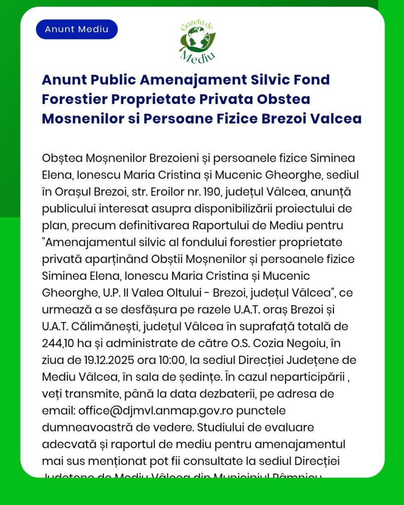 Anunt Public Amenajament Silvic Fond Forestier Proprietate Privata Par