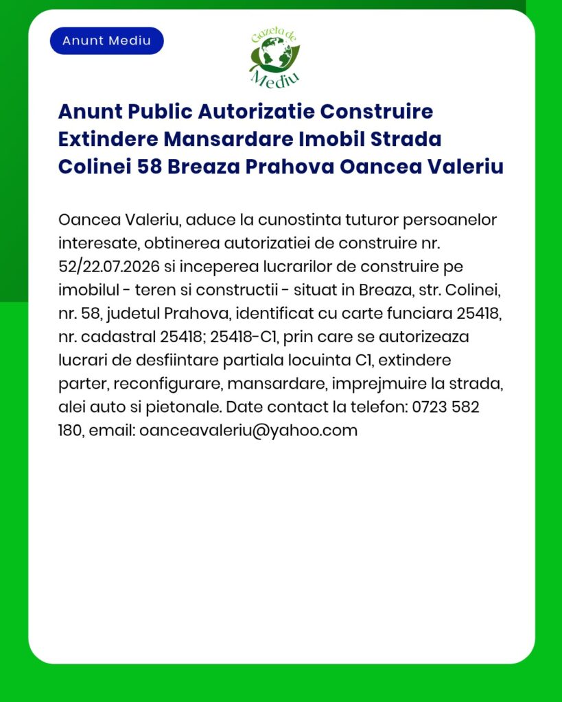 Anunt Public Autorizatie Construire Extindere Mansardare Imobil Strada