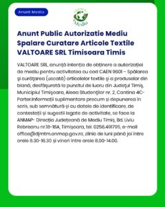 Anunt Public Autorizatie Mediu Spalare Curatare Articole Textile VALTO