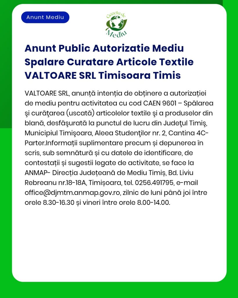 Anunt Public Autorizatie Mediu Spalare Curatare Articole Textile VALTO
