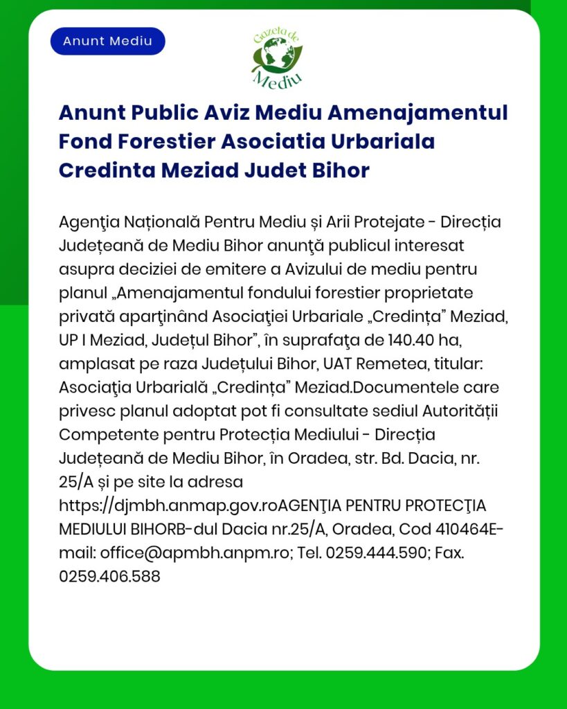 Anunt Public Aviz Mediu Amenajamentul Fond Forestier Asociatia Urbaria