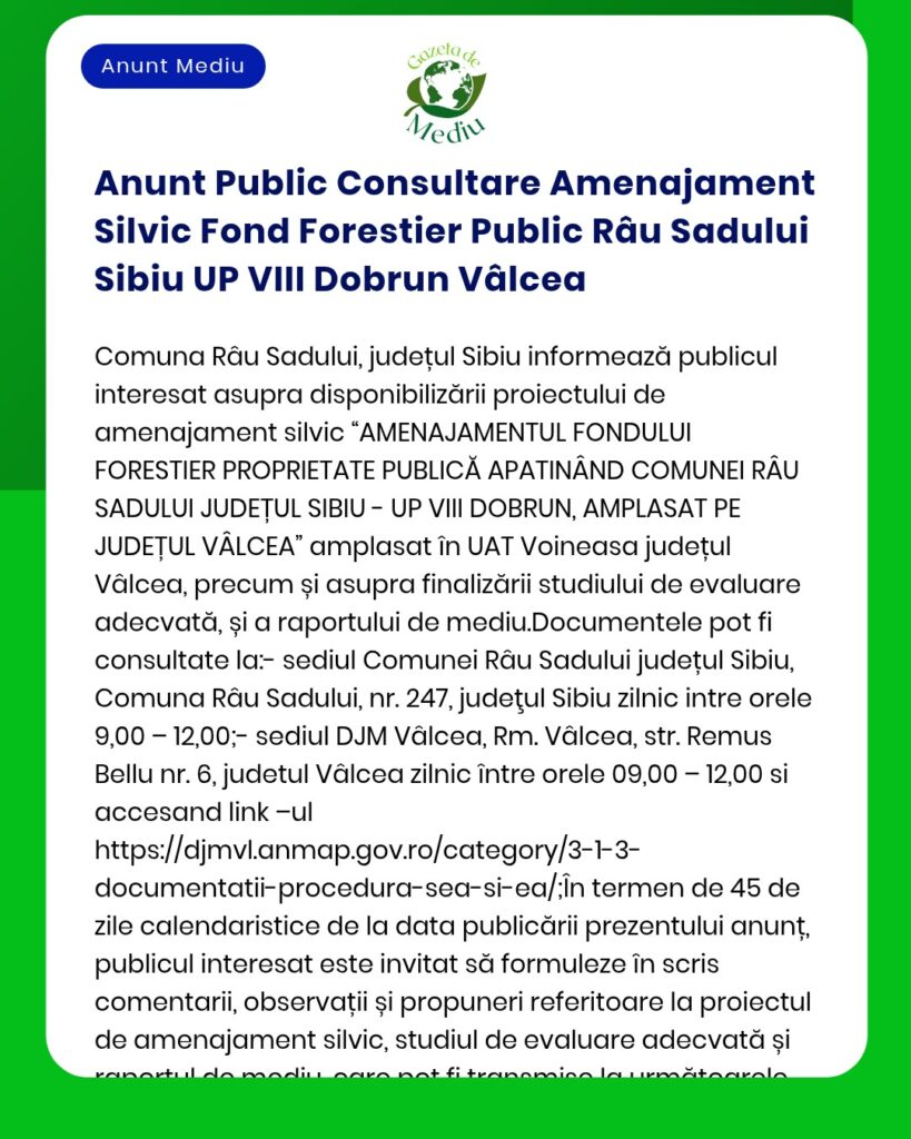 Anunt Public Consultare Amenajament Silvic Fond Forestier Public Râu S