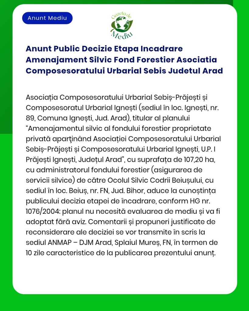 Anunt Public Decizie Etapa Incadrare Amenajament Silvic Fond Forestier