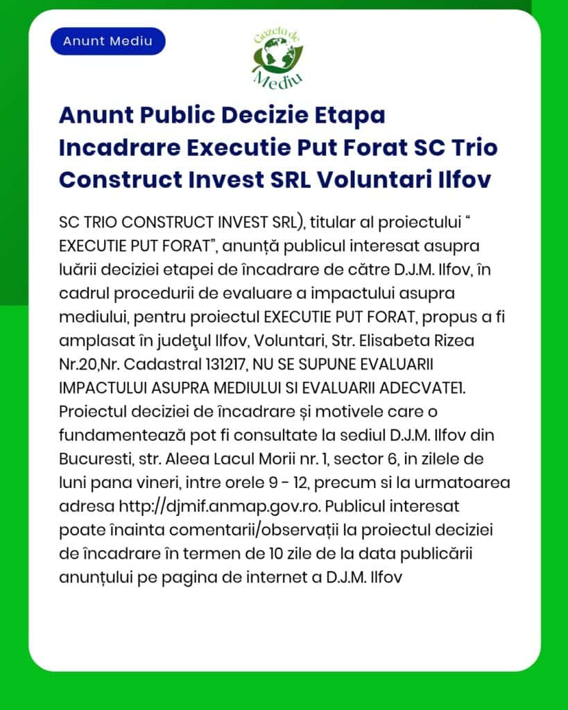 Anunt Public Decizie Etapa Incadrare Executie Put Forat SC Trio Constr